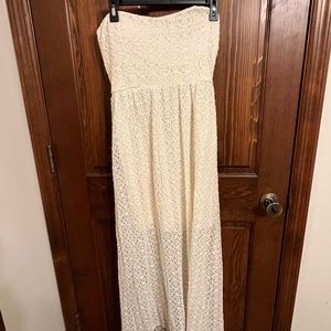 No Boundaries strapless ivory lace dress with cutout back detail